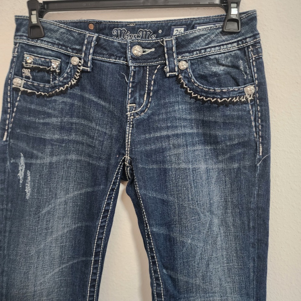 Miss Me Jeans 26 Easy Boot Embellished‎ Dark Wash Denim Low Rise Distressed - Picture 3 of 6